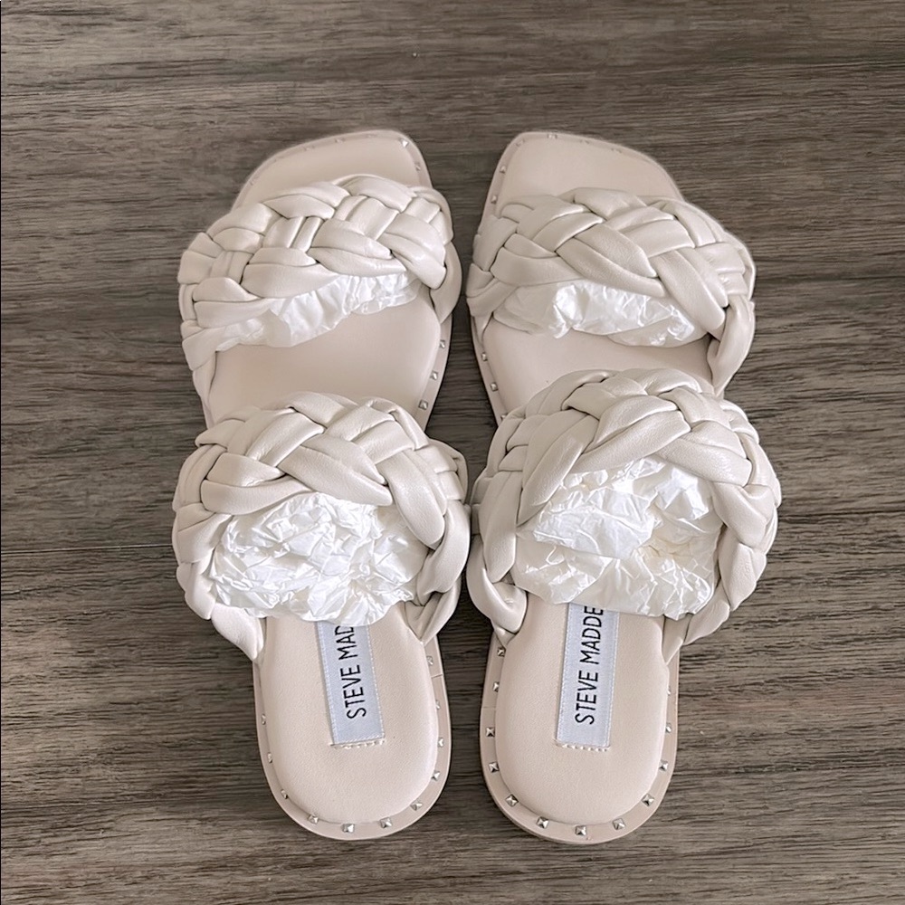 NEW [Steve Madden] Studded Braided Low Heel Slide Sandals in Cream Women’s Sz 6 - Picture 3 of 10